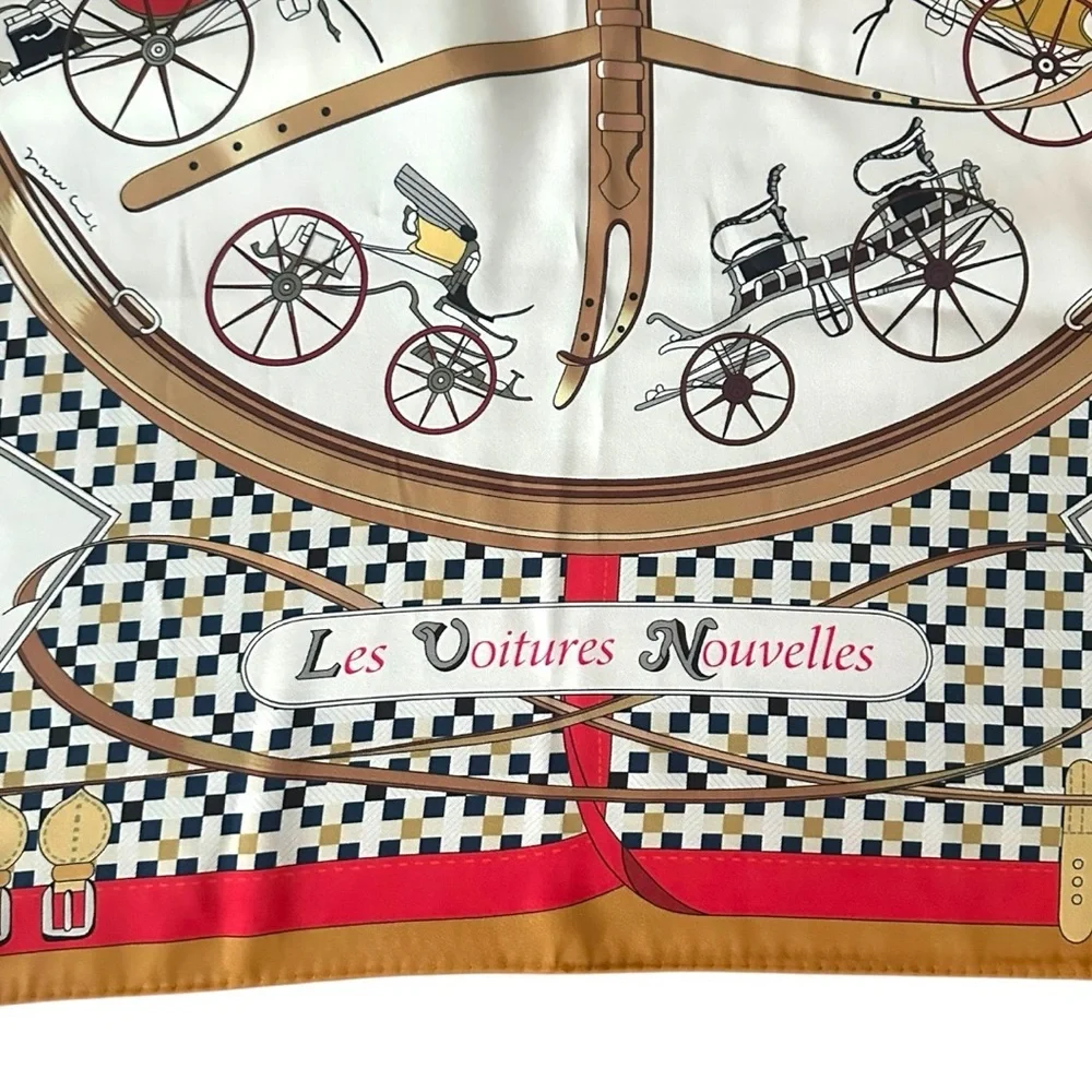 Hermès “Les Voitures Nouvelles” Silk Carré 90 Scarf Gold Brown Red Carriage - Picture 5 of 13